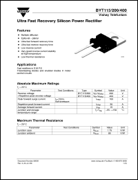 BYT115-400 datasheet: Ultra fast recovery rectifier for general purpose applications for power conversion BYT115-400
