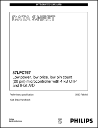 P87LPC767BN datasheet: Low power, low price, low pin count (20 pin) microcontroller with 4 kB OTP and 8-bit A/D P87LPC767BN