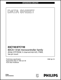 P87C749EBPN datasheet: 80C51 8-bit microcontroller family 2K/64 OTP/ROM, 5 channel 8-bit A/D, PWM, low pin count P87C749EBPN