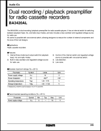 BA3420AL datasheet: Dual recording/playback preamplifier for radio cassette recorders BA3420AL