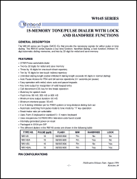 W9145 datasheet: 15-memory tone/pulse dialer with lock and handfree functions W9145