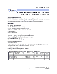 W91472 datasheet: 6-memory tone/pulse dialer with handfree and save functions W91472