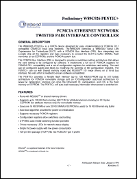 W89C926 PENTIC+ datasheet: PCMCIA ethernet network twisted pair interface controller W89C926 PENTIC+