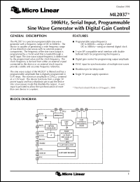 ML2037CS datasheet: 500 kHz,serial input, programmable sine wave generator with digital gain control ML2037CS