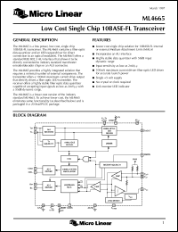 ML4665CQ datasheet: Low cost single chip 10BASE-FL Transceiver ML4665CQ