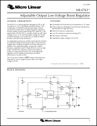 ML4761CS datasheet: Adjustable output low voltage boost regulator ML4761CS
