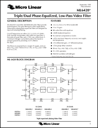 ML6420CS-1 datasheet: Triple/dual phase -equalized, low-pass video filter ML6420CS-1