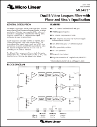 ML6423CS-1 datasheet: Dual S-video low pass filter with phase and sinx/x equalization ML6423CS-1