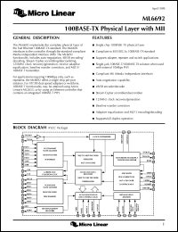 ML6692CH datasheet: 100BASE-TX physical layer with MII ML6692CH