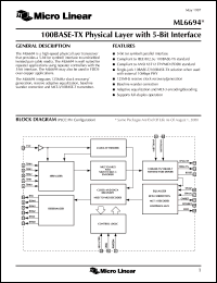 ML6694CH datasheet: 100BASE-TX physical layer with 5-bit interface ML6694CH