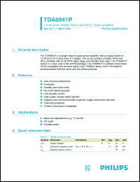 TDA8941P datasheet: 1.5 W mono Bridge Tied Load (BTL) audio amplifier TDA8941P