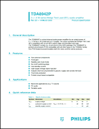 TDA8942P datasheet: 2 x 1.5 W stereo Bridge Tied Load (BTL) audio amplifier TDA8942P