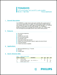 TDA8945S datasheet: 15 W mono Bridge Tied Load (BTL) audio amplifier TDA8945S