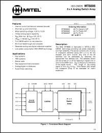 MT8806AC datasheet: 8x4 analog switch array. Applications: key systems, PBX systems, mobile radio, test equipment and instrumentation, analog and digital multiplexers, audio and video switching. MT8806AC