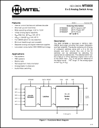 MT8808AE datasheet: 8x8 analog switch array. Applications: key systems, PBX systems, mobile radio, test equipment and instrumentation, analog and digital multiplexers, audio and video switching. MT8808AE