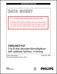 74HC137D datasheet: 3-to-8 line decoder/demultiplexer with address latches; inverting 74HC137D