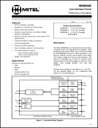 MH88400-1 datasheet: Line interface circuit with German line impedance. Applications: interface to central office for DAA, modem, fax, answering machine and terminal equipment. MH88400-1