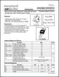 IRGBC20SD2 datasheet: Insulated gate bipolar transistor with ultrafast soft reconery diode IRGBC20SD2