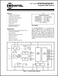 MT8870DE-1 datasheet: Integrated DTMF receiver for CEPT spec., paging systems, repeater systems/mobile radio, credit card systems, remote control, personal computers and telephone answering machine. MT8870DE-1