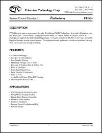 PT2604 datasheet: Remote control decoder IC PT2604