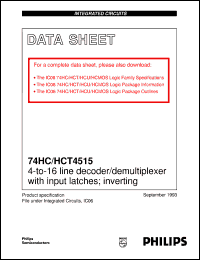 74HC4515N datasheet: 4-to-16 line decoder/demultiplexer with input latches; inverting 74HC4515N
