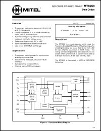 MT8950AC datasheet: Data codec. Applications: transparent coder/decor for synchronous and asynchronous data, data terminal (RS-232C, etc.) to ST-BUS interface, data switching on digital PBXs, channel banks/TDM multiplexers. MT8950AC