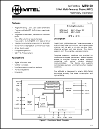 MT9160AS datasheet: 5 volt multi-featured codec (MFC). Applications: digital telephone sets, cellular radio sets, local area communication station,  pair gain systems, line cards. MT9160AS