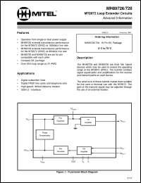 MH89726 datasheet: M8972 loop extender circuit. Applications: digital subscriber lines, digital PABX line cards and telephone sets, high speed, limited distance modem, ISDN U-interface. MH89726