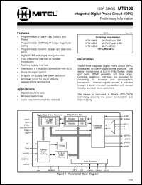 MT9196AS datasheet: Integrated digital phone circuit (IDPC). Applications: digital telephone sets; wireless telephones; local area communication stations. MT9196AS
