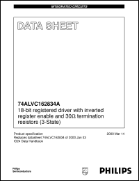 74ALVC162834A datasheet: 18-bit registered driver with inverted register enable and 30 Ohm termination resistors (3-State) 74ALVC162834A