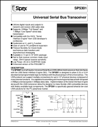 SP5301CY datasheet: Universal serial bus transceiver SP5301CY