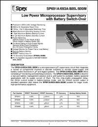 SP693ACN datasheet: Low power microprocessor supervisory with battery switch-over SP693ACN