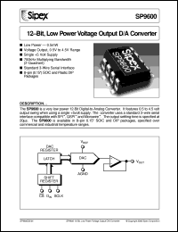 SP9600AS datasheet: 12-Bit,low power voltage output D/A converter SP9600AS