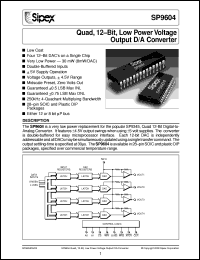 SP9604KP datasheet: Quad,12-Bit,low power voltage output D/A converter SP9604KP