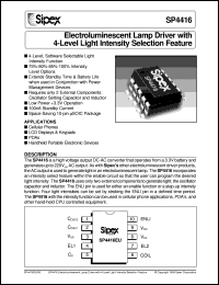SP4416UEB datasheet: Ectroluminescent lamp driver with 4-level light intensity selection feature SP4416UEB