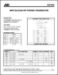ASI1002 datasheet: NPN silicon RF power transistor ASI1002