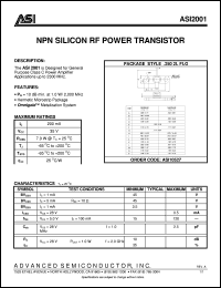 ASI2001 datasheet: NPN silicon RF power transistor ASI2001