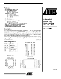 AT27C040-70PC datasheet: 4-Megabit (512K x 8)OTP EPROM AT27C040-70PC