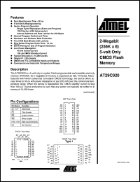 AT29C020-90JC datasheet: 2-Megabit (256K x 8) 5-volt only CMOS flash memory AT29C020-90JC