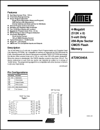 AT29C040A-15PC datasheet: 4-Megabit(512K x 8) 5-volt only 256-byte sector CMOS flash memory AT29C040A-15PC