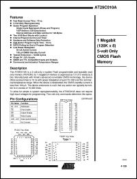 AT29C010A-90JC datasheet: 1 Megabit (128K x 8) 5-volt only CMOS flash memory AT29C010A-90JC