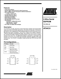AT24C21-10SI-2.5 datasheet: 2-wire serial EEPROM 1K(128 x 8),2.5V to 5.5V, 100KHz AT24C21-10SI-2.5