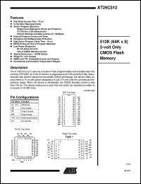 AT29C512-70JC datasheet: 512K (64K x 8) 5-volt only CMOS flash memory,50mA to 0.1mA AT29C512-70JC