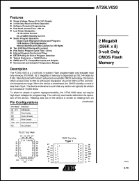 AT29LV020-25JC datasheet: 2 megabit (256K x 8) 3-volt only CMOS flash memory,15mA active current,0.02mA standby current AT29LV020-25JC