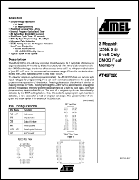 AT49F020-55PI datasheet: 2-Megabit (256K x 8) 5-volt only CMOS flash memory,50mA active current,0.3mA standby current AT49F020-55PI