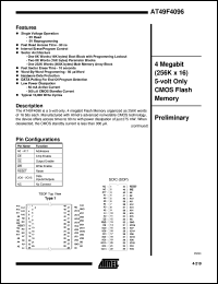 AT49F4096-12TC datasheet: 4-Megabit (256K x 16) 5-volt only CMOS flash memory,50mA active current,0.3mA standby current AT49F4096-12TC