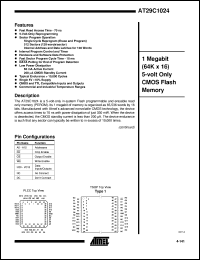 AT29C1024-15JC datasheet: 1-Megabit (64K x 16)5-volt only CMOS flash memory,60mA active current,0.1mA standby current AT29C1024-15JC