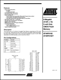 AT49F8192T-90RC datasheet: 8-Megabit (512K x 16) 5-volt ohly CMOS flash memory, 50mA active current, 0.3mA standby current AT49F8192T-90RC