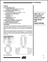 AT27BV256-70TC datasheet: 256K (512K x 16) unregulated battery-voltage high speed OTP CMOS EPROM, 8ma active current, 0.02mA standby current AT27BV256-70TC