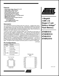 AT49BV010-12JI datasheet: 1-Megabit (128K x 8) single 2.7-volt battery-voltage flash memory, 25mA active, 0.05mA standby AT49BV010-12JI